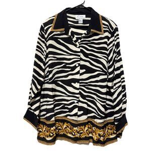 Linea Louis Dell’Olio 1X Silk Zebra Print Gold Trim Button Shirt Long Sleeve Top